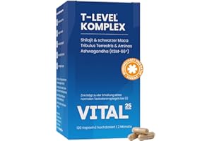 ‎VITAL25 T-Level Testosteron¹ Kapseln - hochdosiert mit Shilajit, Ashwagandha KSM-66®, Maca schwarz, Bockshornklee, Tribulus, Cordyceps, Bor, Aminos - vegan - 120 Kapseln für 2 Monate - Vital25®