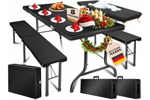 KESSER® Bierzeltgarnitur 3-teilig Set Tisch & 2x Bank | Buffettisch für drinnen & draußen Gartengarnitur klappbar 183x76x74cm Kunststoff Klapptisch Rattan-Look Gartentisch Inkl Abdeckung & Tragegriffe