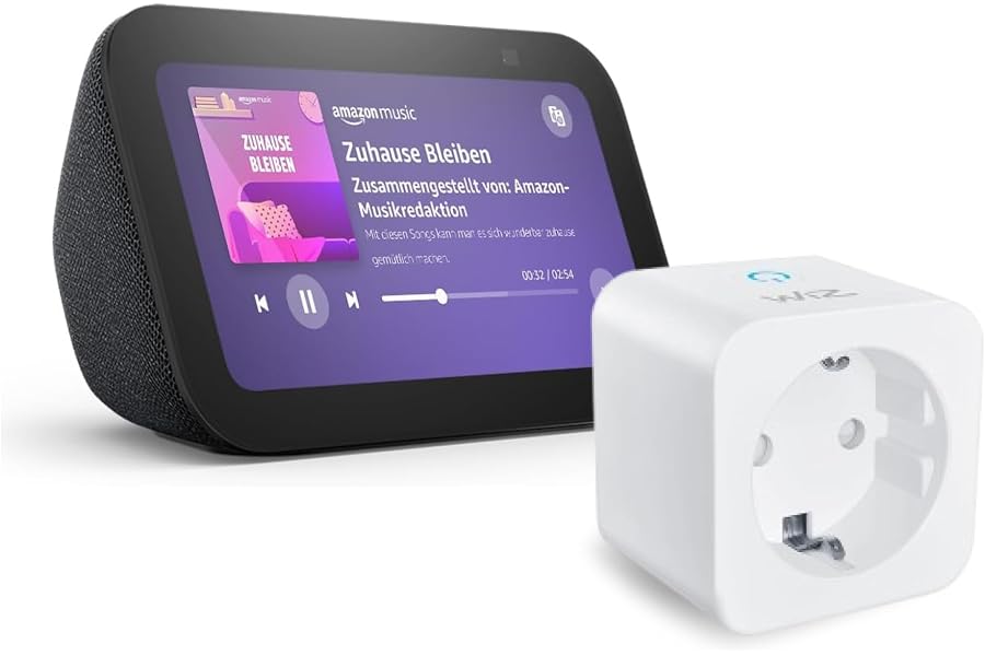 Echo Show 5 (3. Generation) | Anthrazit + WiZ Smart Plug (Typ F), funktioniert mit Alexa – Smart-Hom