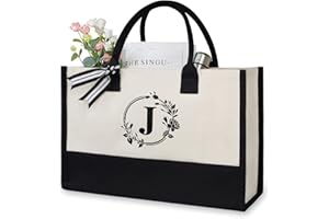 TOPDesign Personalized Initial Canvas Beach Bag, Monogrammed Gift Tote Bag for Women