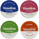 Vaseline Lip Balm - Vaseline - Lip Therapy - Original, Coconut Butter, Alo Vera &amp; Rosy 20g Can - Relieves Dry Lips - 4 Pack