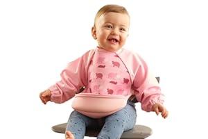Bibetta Ultrabib - Weaning bib with sleeves - Premium Neoprene for Comfort - Waterproof - Baby bibs with Crumb Catcher Pocket for Feeding Toddler & Babies - Roll Up and Machine Washable (Pink Hippos)