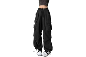 XKBHYD Womens Parachute Pants Y2K Baggy Cargo Pants Gothic Elastic Waist Harem Pants Cargo Pockets Grunge Punk Trousers