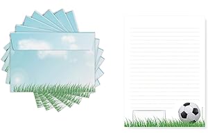 ‎FRIENDLY FOX Friendly Fox Kinder Briefpapier Fußball, 1x DIN A5 Schreibblock mit Linien und 20 Umschläge, Kinder Briefblock liniert Briefpapier Set für Kinder