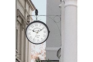 NEWIMAGE Horloge Double Face 21 cm Horloge de Station en Métal Horloge Murale étanche à Suspendre Horloge de Jardin Ronde Décor Horloge avec Support Mural pour Extérieur Chambre Maison Extérieur