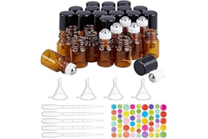 BENECREAT 30 Pack 2ml Botella de Rodillo de Vidrio Ámbar con Tapa Negra Mini Botella de Aceite Esencial Marrón con Embudos, Abridor, Goteros y Hoja de Adhesivo para Perfume, Aromaterapia