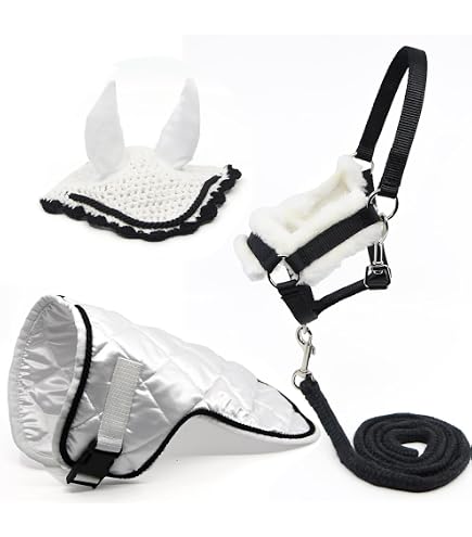 Ensemble Accessoires Hobby Horse - Licol Moumoute Noir Avec Longe Et Bonnet Anti-insectes Noir Et Rose - Taille A4/A3