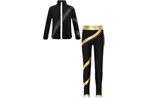 YiZYiF Tute da Pattinaggio Ghiaccio Con Strass Per Bambine Giacca da Pattinaggio Artistico Con Pantaloni Lunghi Ginnastica Pattinaggio Su Ghiac
