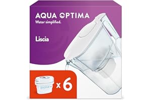 Aqua Optima Liscia Carafe Filtrante et 6 Cartouche Filtrantes Evolve+ 30 Jours, Capacité 2,5 litres, Pour la Réduction des Microplastiques, du Chlore, du Calcaire et des Impuretés, Blanc