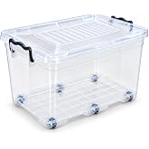Tekerlekli 50 Litre Şeffaf Saklama ve D&uuml;zenleme Kutusu, | 6 Tekerlekli, Ergonomik Taşıma Kulplu, Toz Korumalı Kapak, &Ccedil;ok Ama&ccedil;