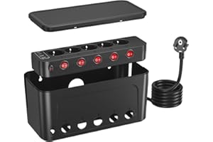 KIYKZI Caja Organizadora de Cables con Regletas Enchufes,Caja de Gestión de Cables con Enchufe Multiple,Regleta 5 Tomas con Interruptor Independiente,Protección Sobretensiones Ladron Enchufes USB C,Negro