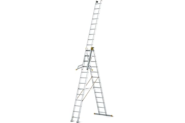 DRABEST - MAX Professionell stege i aluminium - 3 x 13 steg - halkfria stegpinnar - 9,37 m lång - upp till 150 kg - 3-delad - för byggarbetsplats - multifunktionell, trappa upp, utdragbar, fällbar