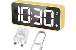 HERMIC Alarm Clock Bedside Clock Large Digital Led Display, Full-Range Brightness Dimmer, Adjustable Alarm Volume, Snooze, Dual Alarm, 12/24H, Easy to Use Mains Powered Yellow