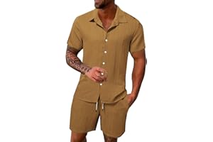 DFEK Mens Cotton Linen Shirt and Shorts Sets UK Tracksuit Set Summer Co Ord Set Short Sleeve Button Down Shirts & Shorts with Pockets 2 Piece Outfits Vacation Beach Suits
