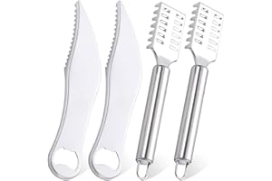Dissolvant D'Écailles Poisson Inoxydable, Jicyor 4 Pièces Grattoir à Écailles Poisson avec Dents de Scie Antidérapant Ecailleur à Poisson Argenté