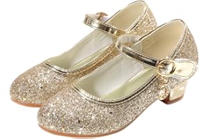 Eleasica Fille Chaussures de Princesse Princesse Elsa Anna Cendrillon Paillettes Déguisement Talon Haut Doux Halloween Noël Anniversaire Fête Carnaval Cosplay,Or,29 EU