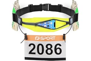 RJ-Sport Running Belt - Waterproof Sports Waist Bag, Triathlon Race Number Strap, Running Belt with Bum Bag & Adjustable Elastic Band & Number Holder & 6 Gel Loops