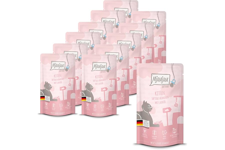 MjAMjAM - Premium Nassfutter für Katzen - Quetschie - Kitten saftiges Hühnchen mit Lachsöl, 12er Pack (12 x 125 g), getreidefrei mit extra viel Fleisch