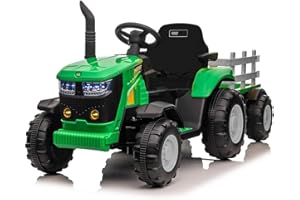 Garvee 12V Elektrischer Traktor Mit Anhänger, Kinder Aufsitztraktor Mit Musik, Hupe & USB Funktionen, Kinderfahrzeug Mit Scheinwerfer,Geeignet Für Kinder