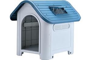 Lanco - Niche pour Petits Chiens avec Toit ouvrant réglable. Utilisation intérieure et extérieure avec aérations. Matériau résistant. 75x59x66cm. Bleu et Blanc.