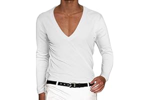 Caxndycing Camiseta de manga larga para hombre con cuello de pico profundo, monocolor, cuello en V, manga larga, ajustada, ajustada, ajustada, cuello en V