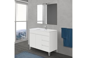 Inbagno Mobile Bagno a Terra 100 cm, Linea Way 3 cassetti + 2 Ante, Completo di lavabo e Specchio (Bianco Lucido)