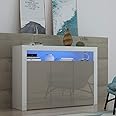 Panana High Gloss 3 Door Sideboard Cupboard with LED Lights Large Display Cabinet Storage Unit for Living Room Bedroom (Grey)