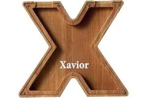 OMPVOR Personalized Letters Wooden Piggy Bank for Boys and Girls, A-Z Letters Coin Bank Money Box with Alphabet Stickers, Money Saving Bank For Family Christmas Birthday Gift Home DIY Decoration