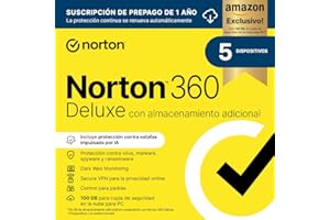 Norton 360 Deluxe Exclusivo Amazon*|Antivirus 5 Dispositivos|1 año con renovación automática| Descarga digital