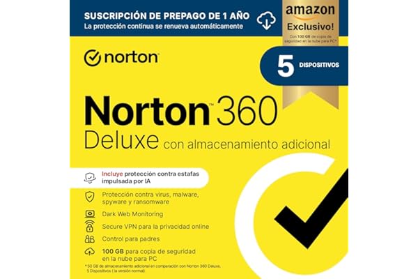 Norton 360 Deluxe Exclusivo Amazon*|Antivirus 5 Dispositivos|1 año con renovación automática| Descarga digital
