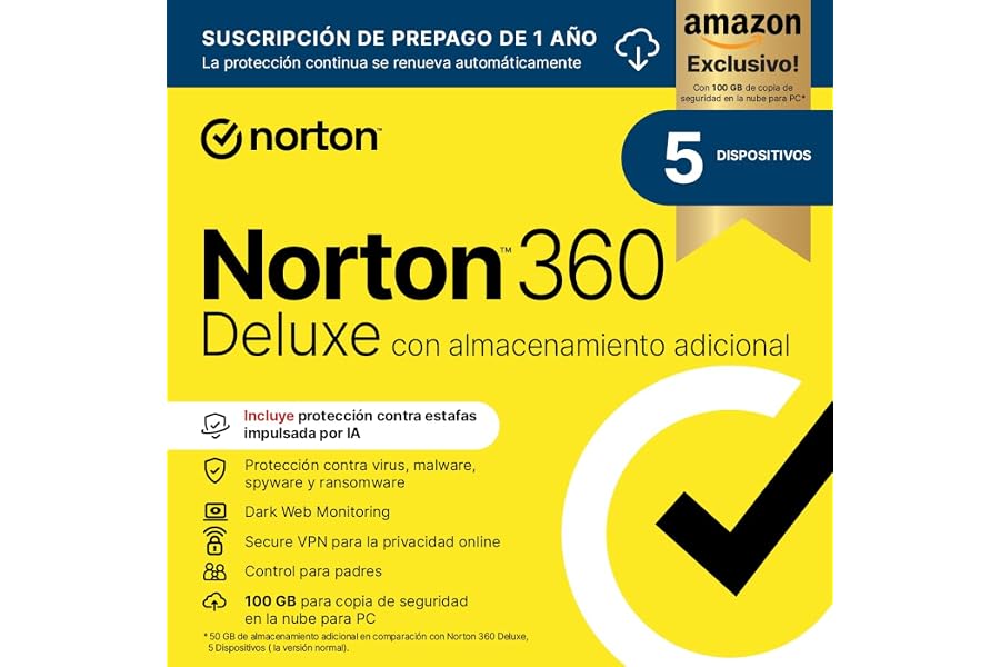 Norton 360 Deluxe Exclusivo Amazon*|Antivirus 5 Dispositivos|1 año con renovación automática| Descarga digital