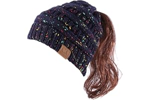 DURINM Mujer Gorros de Punto con Agujero para Coleta Otoño Invierno Beanie Sombrero Invierno Suave Cálido Elástico Ponytail Beanie Hat para Mujer