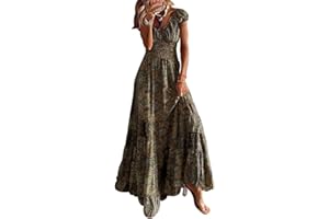 ABYOVRT Robe Maxi D'été pour Femme Bohème Robe de Vacances Col V à Fleur Manches Courtes Robe de Soiree Party Plage