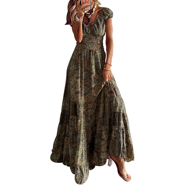 Abito lungo da donna con scollo a V e motivo floreale, senza maniche, stile bohémien, da spiaggia, senza maniche, estivo, vino, L