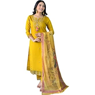 Naixa Women's Mustard Chanderi with Cotton Lining Embro...