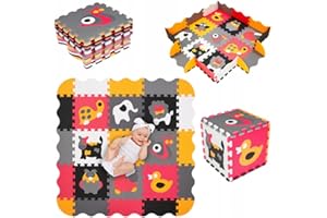 Humbi Mata puzzlowa z pianki EVA, dla niemowląt i dzieci, mata do raczkowania, mata do zabawy, mata do fitnessu, 31,5 x 31,5 cm, kojec 95 x 95 cm (zwierzęta/pomarańczowo-szara)