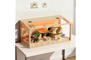 BingoPaw Jaula para Hámster, 80x40x40cm Jaula Hamster Madera con Luces LED Integradas y Paredes de Vidrio Templado para Hámsters Enanos Jerbos y Animales Pequeños