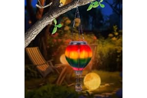 Rppiup Lanterna solare a LED con mongolfiera, luce solare, decorazione da giardino per esterni, lanterna solare da appendere, effetto fiamma decorativa, palloncino arcobaleno