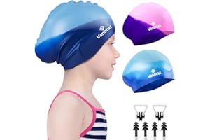 Vanocat 2 Pack Badekappe Kinder Lange/Kurze Haare, Unisex Badekappe Mädchen Jungen für Alter von 3–15 Jahren Kleinkind wasserdichte, Bademütze schwimmkappe mit Ohrstöpseln Nasenclip