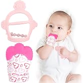 Vicloon Baby Teething Set - Teething Mittens with Silicone Glove & Chew Toy for Infant Pain Relief (Rose Red)