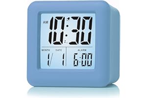Plumeet Digital Travel Alarm Clock, Easy to Set with Snooze Mode, Soft Night Light, Large Time, Month, Date and Alarm Display, Rising Sound Alarm, Handheld Size (Light Blue)