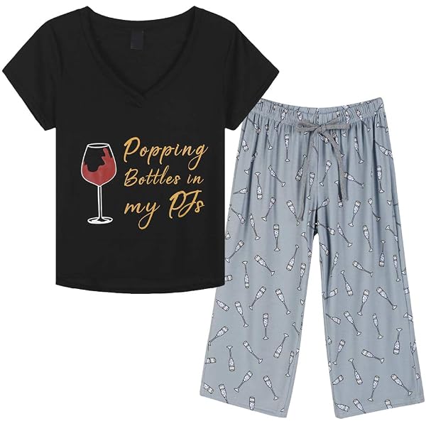 YIJIU Women's Soft Cat Print Pajama Set - Short Sleeve Capri Pants PJS For Lounge & Sleep (Black Sloth, Large)