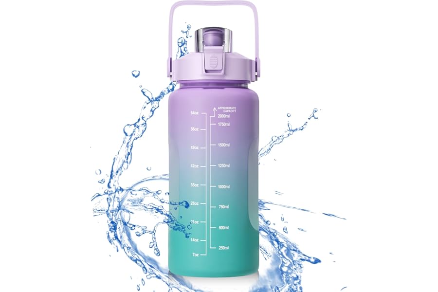 Firschoie 2 Litre Sports Straw Water Bottle, Inspiration Markers with Graduations, BPA-Free, Leak Bottles with Straw, High Volume for Yoga, Gym, Camping (Purple)