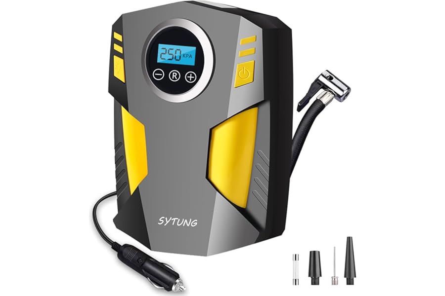 SYTUNG Digital Tyre Inflator, Portable Air Compressor Car Tyre Pump with 3 Nozzle Adaptors and Digital LED Light, 12V Rapid Tyre Inflator Air Compressor for Car Tires and Other Inflatables