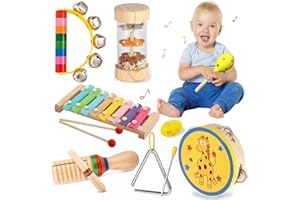 FUZHIK Instruments de Musique pour Bébés Jouets Musicaux aux Couleurs Neutres Montessori pour Enfants d'instruments Percussion en Bois, Jeu Éducatif 3 Ans Cadeau Xylophone Maracas Tambourin Sécurité CE EN71