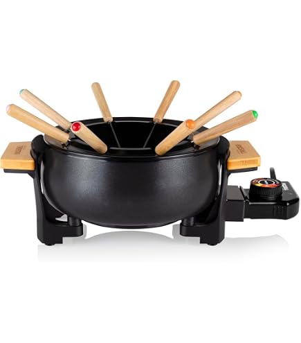 Klarstein Bamboo fondue, 800 W, stainless steel pot, bamboo device base,  max. 1.3 litres, heating plate made of stainless steel, thermostat, fork  holder attachment, 6 stainless steel fondue forks, : Amazon.nl: Home &  Kitchen