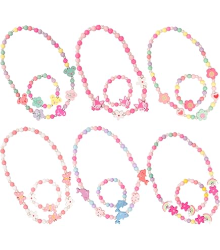 Zkaoai 6-delig houten kindersieradenset, meisjessieraden kindersieradenset zeemeermin parelketting armband, kleurrijke houten sieraden parels voor verjaardagskinderen feestjes zeemeermin cadeaus voor