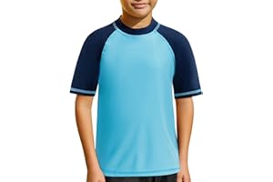 MASOCIO Tee Shirt Anti UV Enfant Garçon Manches Courtes Maillot de Bain T-Shirt Protection Solaire UPF 50+ Séchage Rapide pour Natation Plage Piscine 4-14 Ans