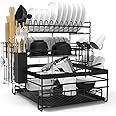 TONGKTAI Dish Drainer Rack, 3 Tier Drain Board Rack with Drip Tray, Detachable Stainless Steel Dish Drying Rack for Kitchen Countertop or Sink, Black