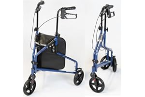 NRS Healthcare 3 Wheel Steel Rollator Wheeled Walking Aid with Bag & Lockable Brakes, Folding & Height Adjustable – Blue